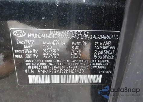 2019 Hyundai Santa Fe Se z USA, uszkodzony, nr VIN 5NMS23AD9KH074381